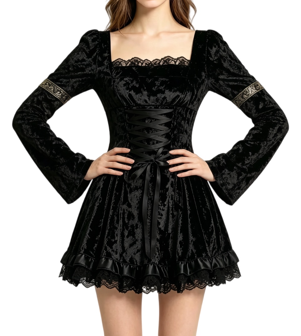 Gothic Vampire Mini Dress - Women Dark Lace Devil Costume
